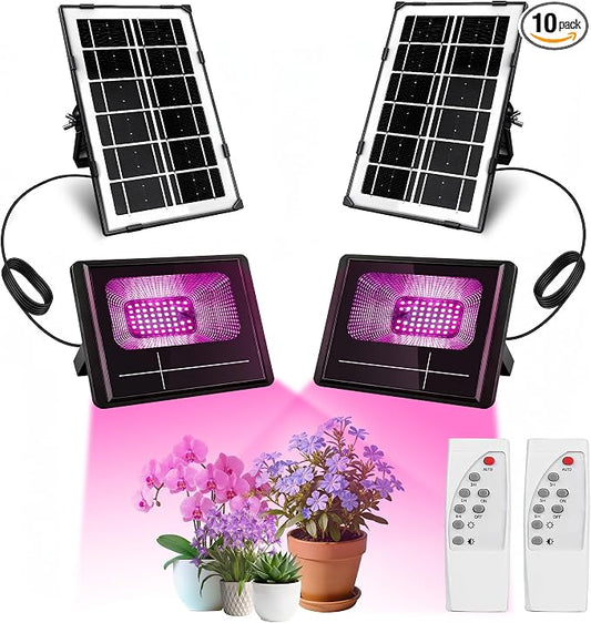 2-Pack Solar Grow Lights, Rechargeable Grow Light, Full Spectrum Plant Light for Indoor Outdoor Plants with Timer, Solar Plant Lights for Greenhouse with Remote Control and 16.4ft Cord/USB Charging