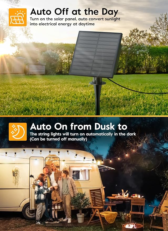 Minetom Solar Outdoor String Lights - 48Ft Patio Lights with 15+1 LED Shatterproof Bulbs, 3 Light Modes, Remote Control, Timing, Outside Weatherproof Hanging Lights for Backyard Party Decor