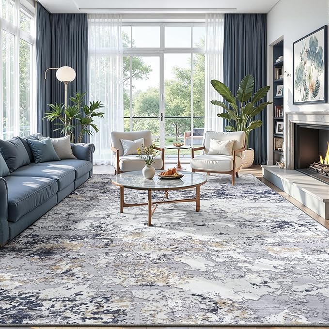 Toneed Washable 8x10 Area Rug with Non-Slip Backing for Living Room | Abstract Modern Rugs, Soft Low Pile Carpet for Bedroom Kitchen Dining Room Nursery Indoor Floor Home Decor, Blue White Gold