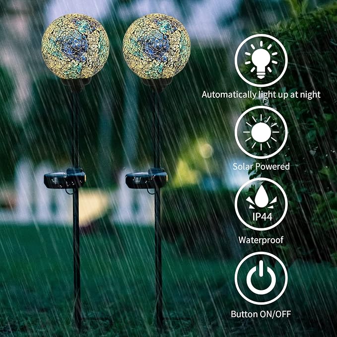 VCUTEKA Decorative Solar Garden Lights, 3.5" Mosaic Globe Stake 2 Pack | Mosaic Glass Design, Solar LED Light, Weather Resistant, Auto On/Off and Metal Stake Design for Lawn and Patio