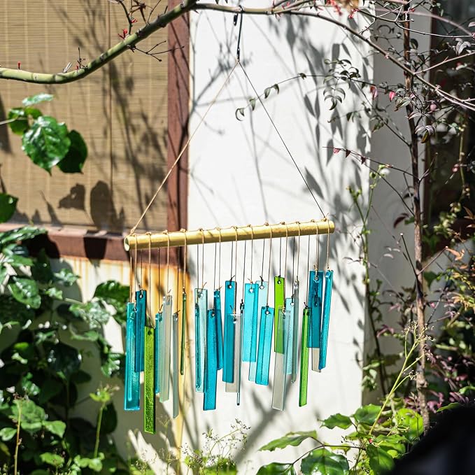 Handmade Metal and Glass Wind Chimes – Sea Glass Garden Windchimes for Outside, Hand-Painted Glass Suncatcher, Durable Memorial Chime for Patio, Porch, Backyard Decor, Unique Gift for Women