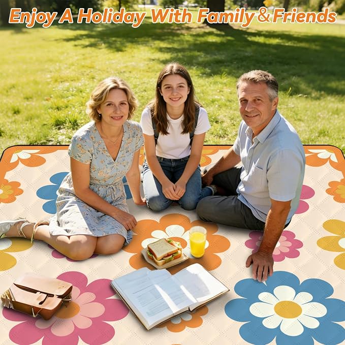 MAYJOYDIY Extra Large Picnic Blanket 79×79" Waterproof Beach Blanket with Carry Strap Foldable Travel Essential Accessories Gift for Grass Concert Park Lawn Camping Travel(Orange Flowers)