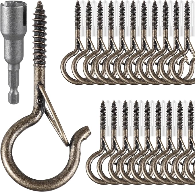 FSAH 36 PCS Q-Hanger Hooks, Screw Hooks for Outdoor String Lights, Safety Buckle Design Cup Eye Hook for Hanging Christmas Lights, Plants, Mounted on Wall Ceiling, Include 1 Wing Nut Driver, Copper
