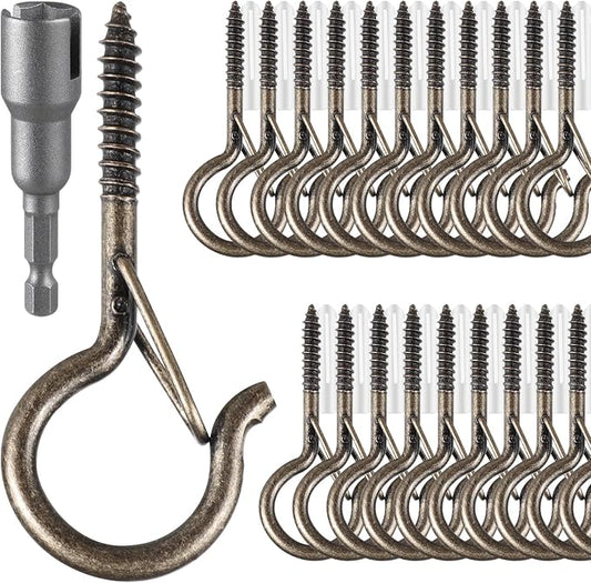 FSAH 24 PCS Q-Hanger Hooks, Screw Hooks for Outdoor String Lights, Safety Buckle Design Cup Eye Hook for Hanging Christmas Lights, Plants, Mounted on Wall Ceiling, Include 1 Wing Nut Driver, Copper