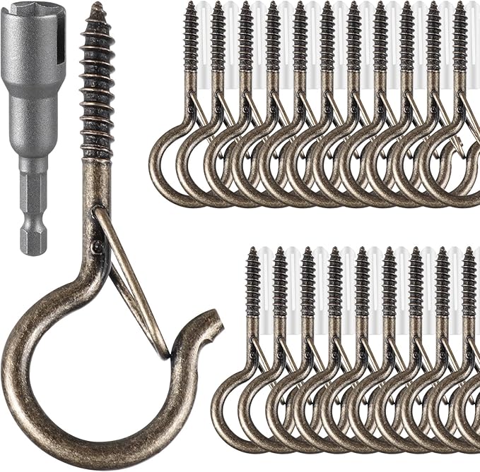 FSAH 48 PCS Q-Hanger Hooks, Screw Hooks for Outdoor String Lights, Safety Buckle Design Cup Eye Hook for Hanging Christmas Lights, Plants, Mounted on Wall Ceiling, Include 1 Wing Nut Driver, Copper