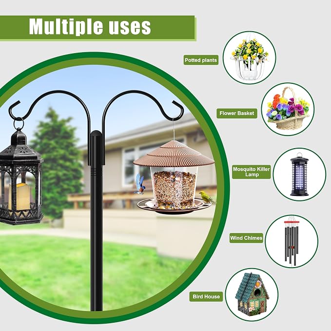 XDW-GIFTS Double Shepherds Hooks for Outdoor, 2-Pack Heavy Duty Garden Pole for Hanging Bird Feeder, Plant Baskets, Solar Light Lanterns, Garden Plant Hanger Stands with 5 Base Prongs