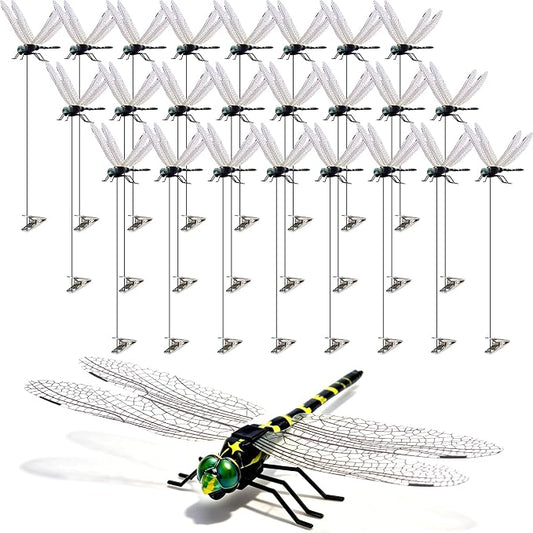24 Pack 3D Dragonfly Clips, Fake Dragonflies with Stakes, Realistic Plastic Dragonfly Garden Decorations, Fly Deterrent Clips for Hats, Pets, Horses, Deer, Yard, Patio, Indoor & Outdoor Decor