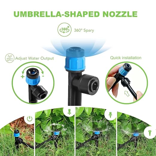 Brass Connector Drip Irrigation System, Quick-Connect Garden Watering System Kit with Adjustable 360° Umbrella & Drip Emitters for Greenhouse, Garden Grid, Lawn, Potted Plant (15FT+ 78FT)