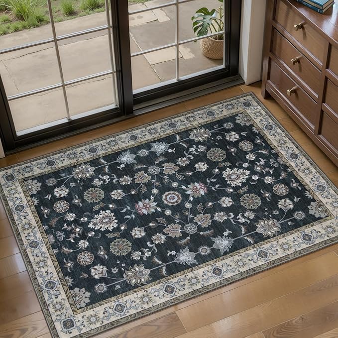 Tangsoo Black 2x3 Washable Rugs for Entryway, Vintage Non Slip Small Rug | Farmhouse Floral Indoor Front Door Rug, Soft Low Pile Door Mat Carpet Throw Rugs for Entry Entrance Kitchen Bedroom Decor