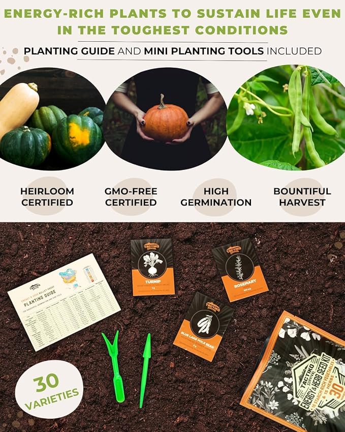 Tactiko Survival 30 Calorie-Dense Veggies & Popular Herbs - Ultimate Energy Seed Kit - USA-Grown Non-GMO Heirloom Seeds - Mylar-Bag for Long-Term Storage, Emergency Food Supply Gardening