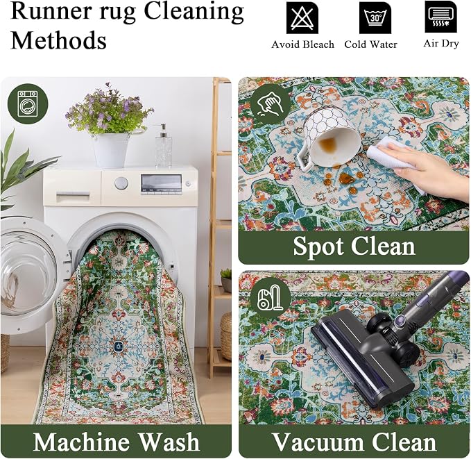 U'Artlines 3'x10' Boho Hallway Runner Rug Non Slip Washable Runners,Green | Vintage Farmhouse Kitchen Rug Accent Area Carpet for Entryway Laundry and Living Room