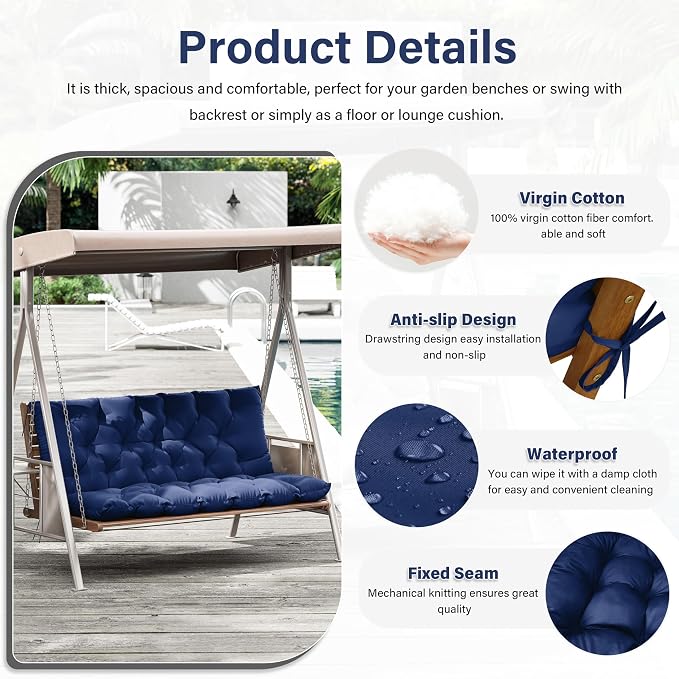Porch Swing Cushion with Backrest,Waterproof Bench Cushion for Outdoor Furniture,2-3 Seater Replacement Thickened 5 in swing cushion,with Ties,Patio,Outdoor,Backyard and Garden (Blue,60x40 in)