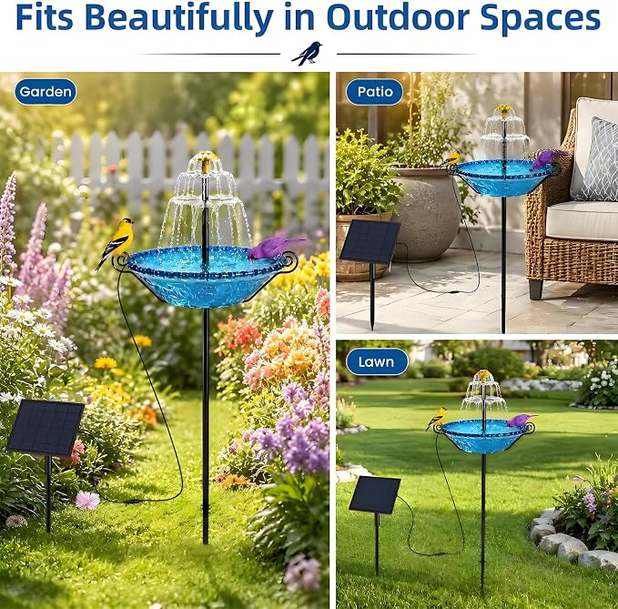 Solar Bird Bath Fountain for Outside,Plastic Birdbath with Metal Stand and Hook,New Spray System Outdoor Water Fountain,Floor-Standing and Wall-Mounted for Garden, Yard, Patio & Lawn Decor (Blue)