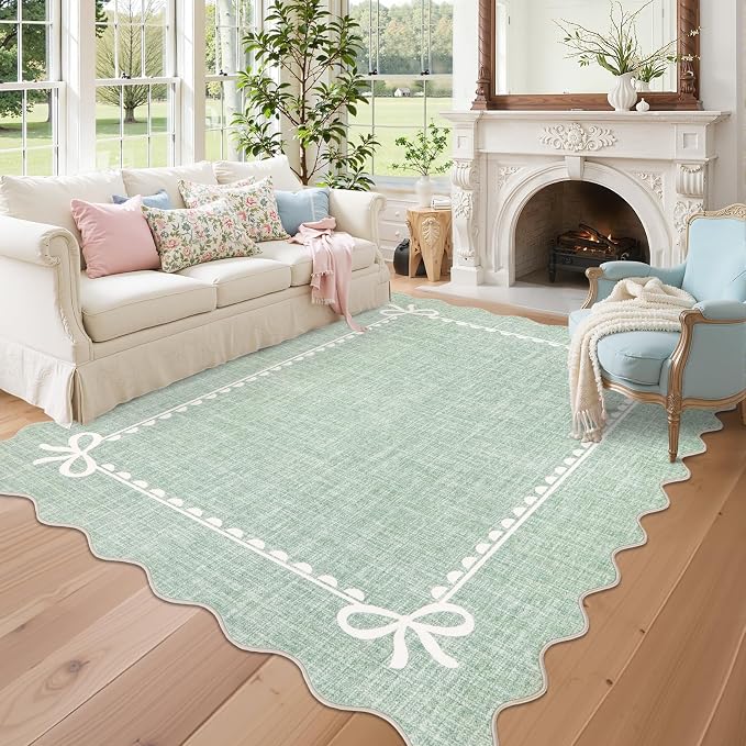 GarveeHome Scalloped Bow Rug 5x7 Washable Rugs for Living Room, Sage Green | Non Slip Soft Low Pile Indoor Carpet for Nursery Girls Bedroom Decor Hallway Kids Room College Dorm Playroom