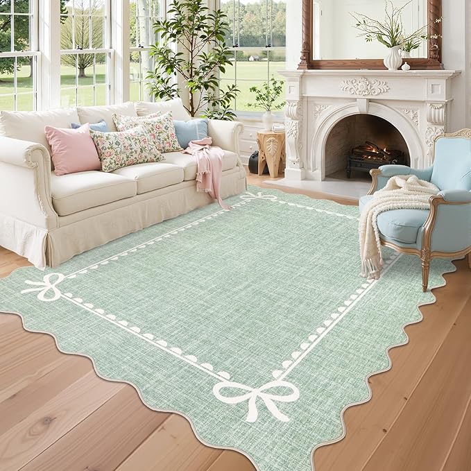 GarveeHome Scalloped Bow Rug 9x12 Washable Rugs for Living Room, Sage Green | Non Slip Soft Low Pile Large Indoor Carpet for Nursery Girls Bedroom Decor Hallway Kids Room College Dorm Playroom