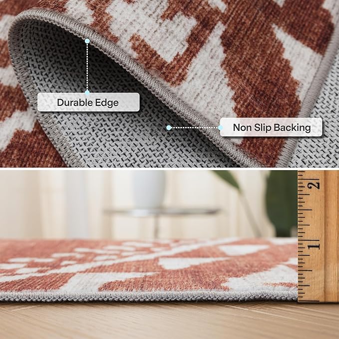 Machine Washable Area Rug Runner - Living Room Bedroom Bathroom Kitchen Entryway Office - Padded Low Pile Stain Resistant Premium - Moroccan Diamond Tribal - Jax - Orange 3' x 5'