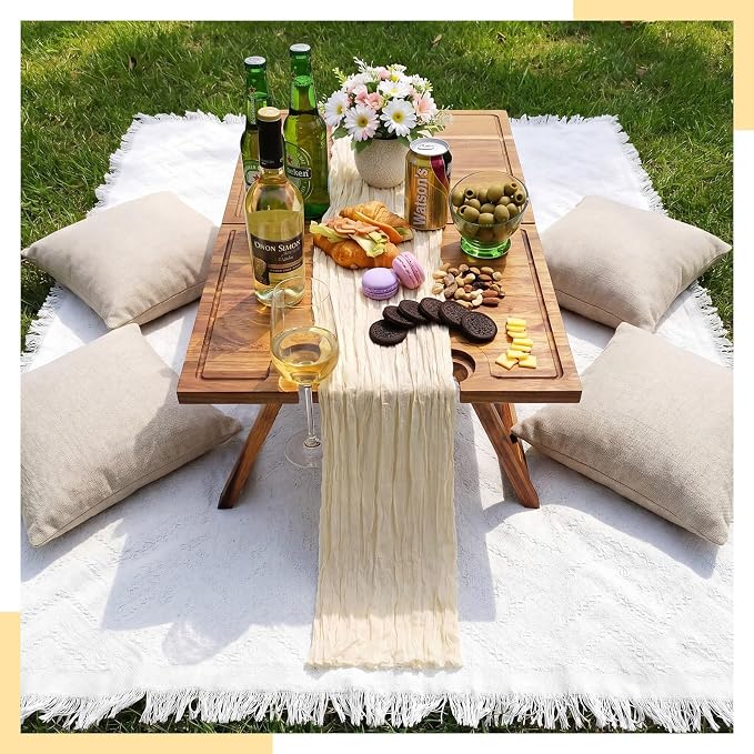 Novabright 3 Pcs Picnic Kit Folding Portable Wine Picnic Table Extra Large Outdoor Boho Blanket 91'' x 71'' Table Runner Woven Cotton Oversize Washable for Romantic Camping Wedding(Beige)