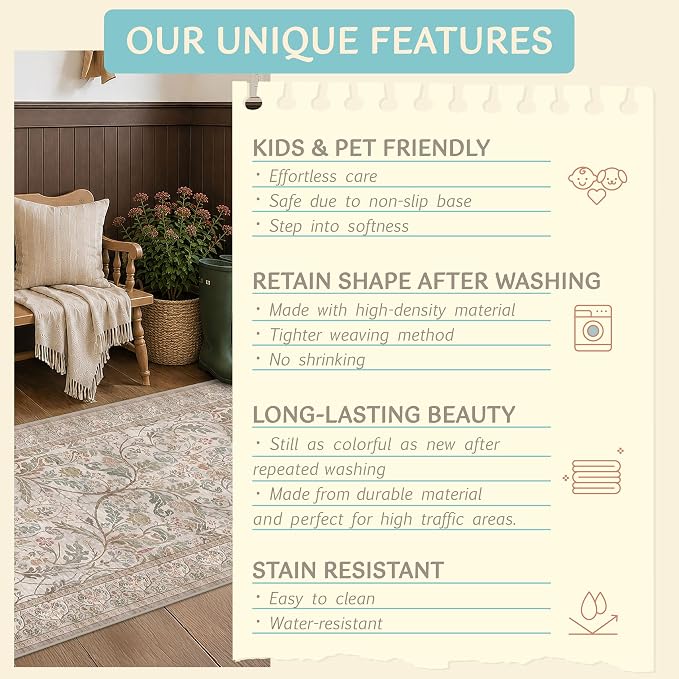 Vintage Floral Moss Green 2'6"x12' Hallway Runner Rug Non Slip - Washable 12 ft Extra Long Farmhouse Carpet, Neutral Taupe Brown Indoor Rug for Entryway, Kitchen