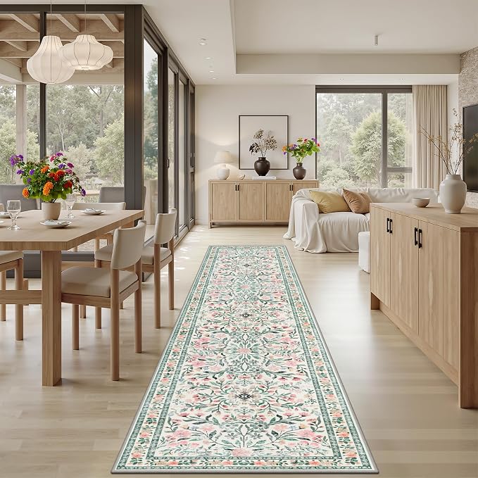 PLHXFR 2.6x10 Washable Runner Rug：Floral Indoor Kitchen Carpet Green Beige | For Hallway Bedroom Kitchen Laundry Bathroom Dorm,Vintage Floral,Machine washable,Non Slip,Stain Resistant,Indoor Floor