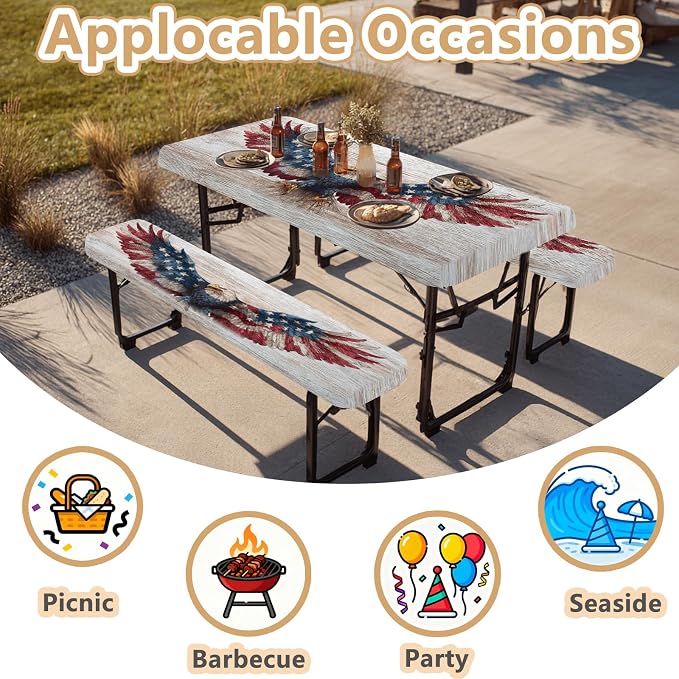 Picnic Table Cover with Bench Covers Elastic Edges, Outdoor Patio Camping Essentials 72 Inch 3PCS, Waterproof Camping Fitted Tablecloth with Handbags (American Flag Eagle)