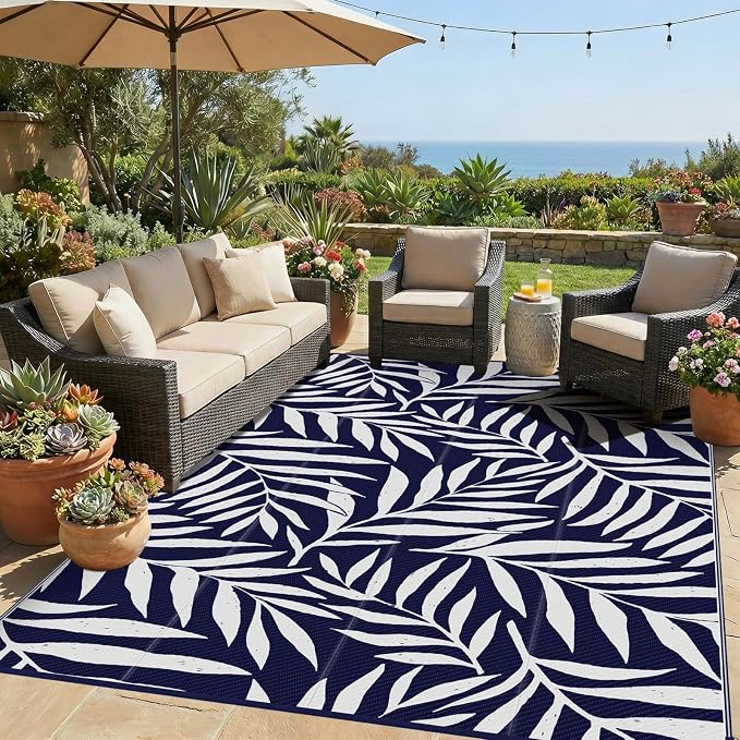 Smiry Outdoor Rug 8x10 ft, Waterproof Reversible Plastic Straw Rugs, Outdoor Area Rug with Leaf Pattern, Outside Floor Mat for Patio, Backyard, Deck, Picnic, Beach, Camping, Navy & White