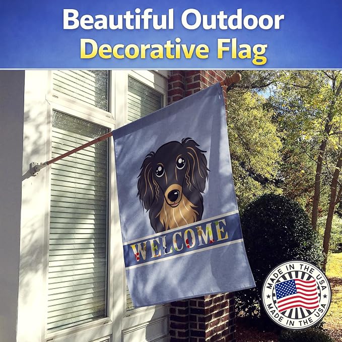 Caroline's Treasures BB1399CHF Longhair Black and Tan Dachshund Welcome House Flag, Blue Large Porch Sleeve Pole Decorative Outside Yard Banner Artwork Wall Hanging, Polyester, House Size, Multicolor