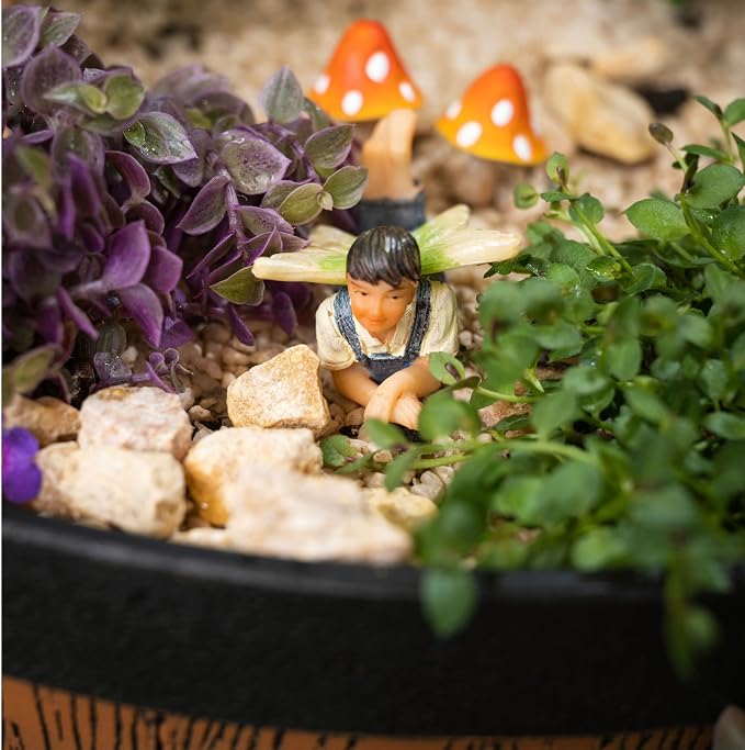 PRETMANNS Fairies for Fairy Garden Accessories for Outdoor - 4 Figurines Miniature Set with a Flower Stump, 2 Mushrooms - Ideal for an Indoor Miniature Fairy Garden Starter Kit - 7 Piece Supplies