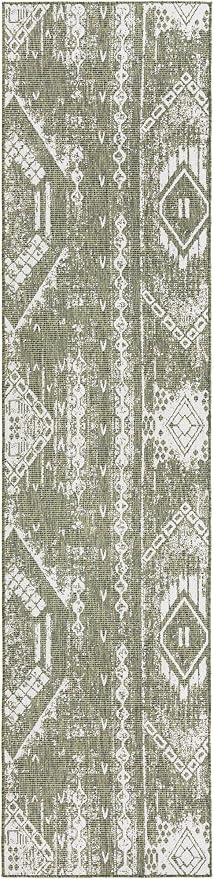 Unique Loom Outdoor Bohemian Collection Area Rug - Anthro (3' 3" x 14' 1" Runner, Green/ Ivory)