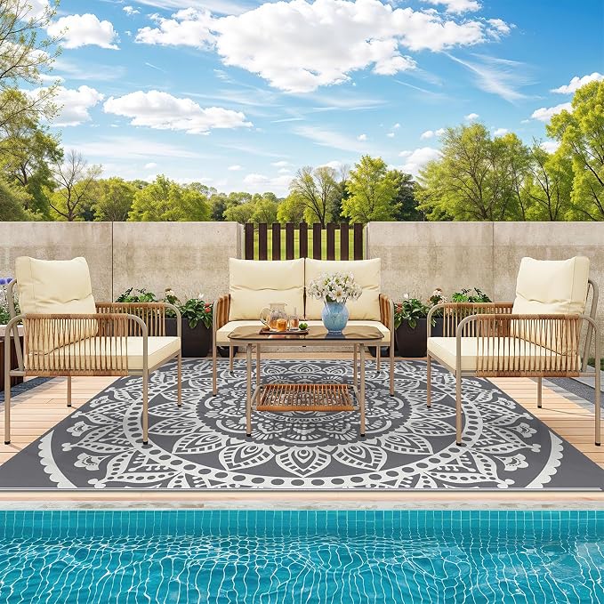 Bsmathom Waterproof Outdoor Rug 9x12 ft Large Reversible Boho Plastic Straw Patio Deck Camping Rugs, Indoor Outdoor Portable RV Mat Carpet for Outside, Porch, Balcony, Backyard, Beach, Pool,Grey