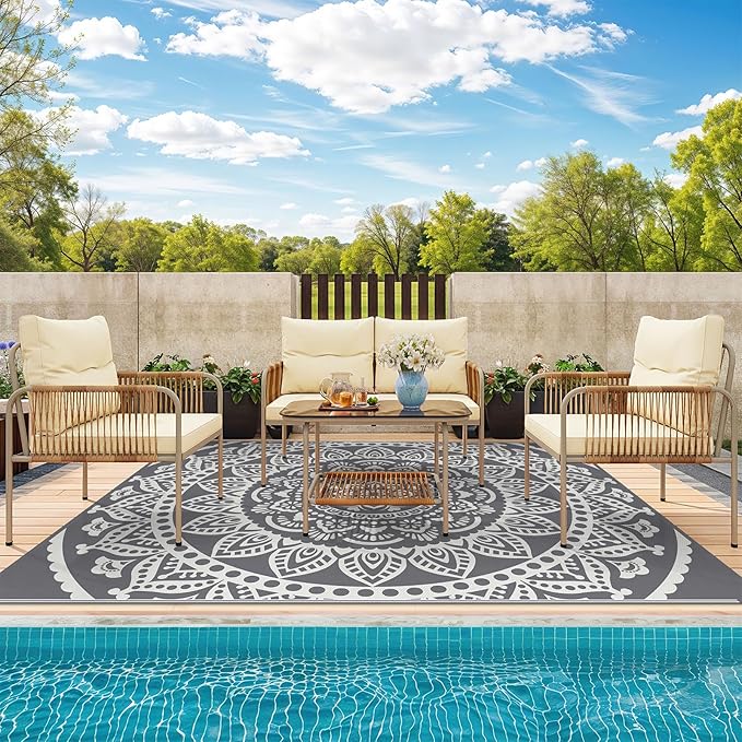 Bsmathom Waterproof Outdoor Rug 8'x10' Reversible Boho Plastic Straw Patio Deck Camping Rugs, Indoor Outdoor Portable RV Mat Clearance Carpet for Outside, Porch, Balcony, Backyard, Beach, Pool,Grey
