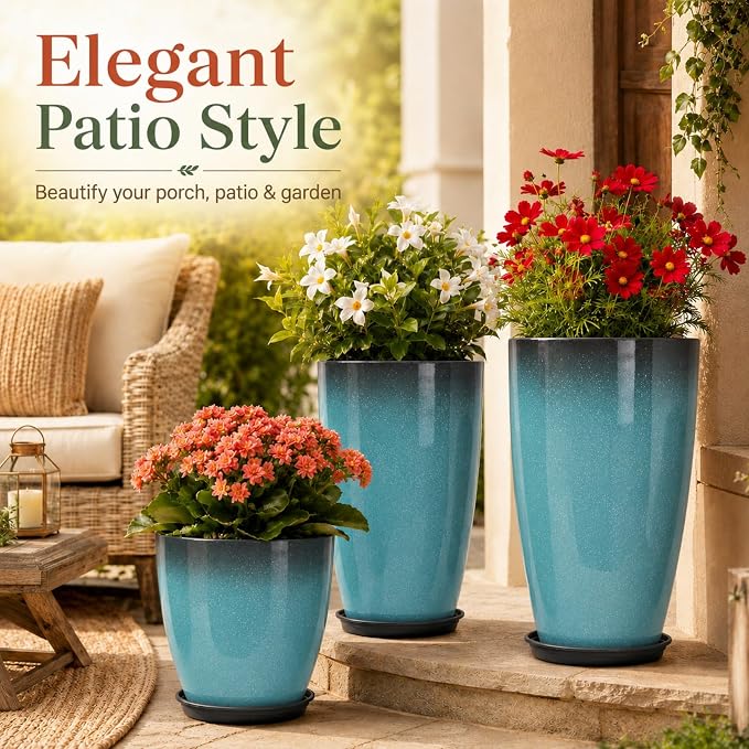 Neoaider Set of 3 Tall Planter, 24/21/12in Large Plastic Planter, Sky Blue | Ceramic-Look, Lightweight, Built-in Drain Hole, Saucers, Tall Outdoor Planter for Porch, Garden, Patio, Balcony
