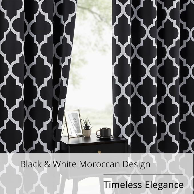 Moroccan Trellis Black and White 100% Blackout Curtains for Bedroom – Thermal Insulated, Noise Reducing, Grommet Top, 52×84 in,2 Panels