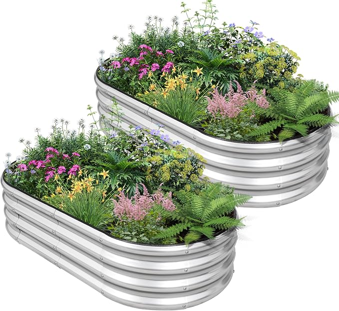 Galvanized Raised Garden Bed - 4×2×1ft (2 Packs) Planter Raised Beds for Gardening | Oval Metal Garden Planter Box with Safety Edging and Gloves for Vegetables Fruits and Flower - Silver