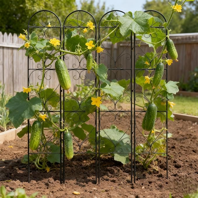 4PCS Metal Garden Trellis for Climbing Plants Outdoor, Heavy-Duty Cucumber Tomato Trellis for Raised Garden Bed, Decorative Wrought Iron Trellis Arch for Wedding Party Decor