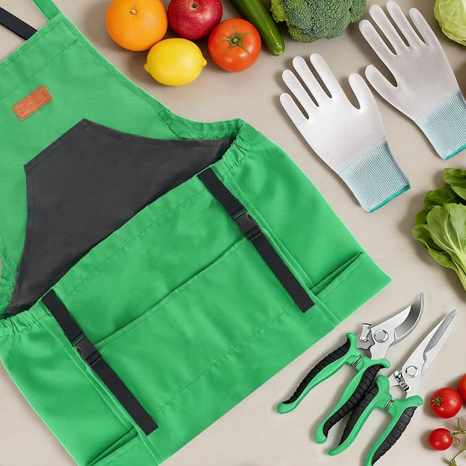 4PCS Harvest Apron Set, Gardening Apron with Adjustable Cross Strap & Multi-Pocket for Men Women, Includes Curved & Straight Garden Shears & Non-Slip Gloves, for Gardening, Harvesting