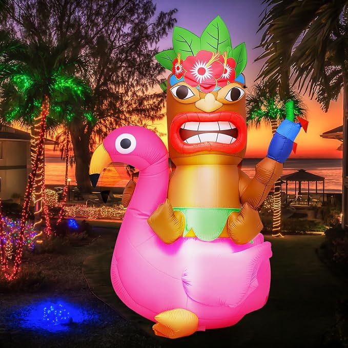 Shappy 5ft Inflatable Flamingo Lighted Blow up Tiki Hawaiian Party Decor | Luau Tropical Inflatables Giant Outdoor LED Tiki Blow up Aloha Bar Beach Summer Pool Surfing Party Decorations