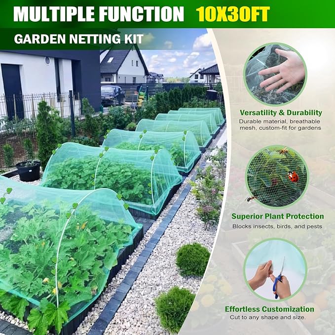 Garden Mesh Netting Kit, 10x30FT Green Ultra Fine Netting & 6 Sets 8FT Fiberglass Garden Hoops with Stake, Garden Netting with Frame for Raised Beds, Garden Hoops and Netting, Row Cover, Plant Barrier