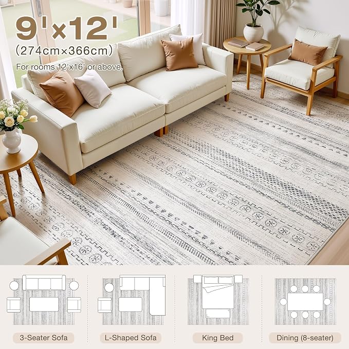 kakania Washable 9x12 Area Rug for Living Room: Boho Geometry Home Decor | Soft Stain Resistant, Low-Pile, Non-Slip, Pet & Kid Friendly, Thin Rug for Bedroom/Dining Room/Kids Dorm - Grey