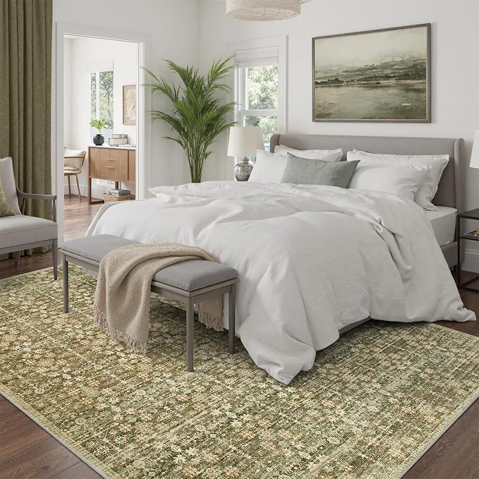 DCX 4x6 Neutral Rug, Kid & Pet Friendly with Rubber Back Non Slip, Machine Washable Stain Resistant Olive Green Floral Rug for Living Room, Bedroom, Soft Low Pile Large Nursery Carpet