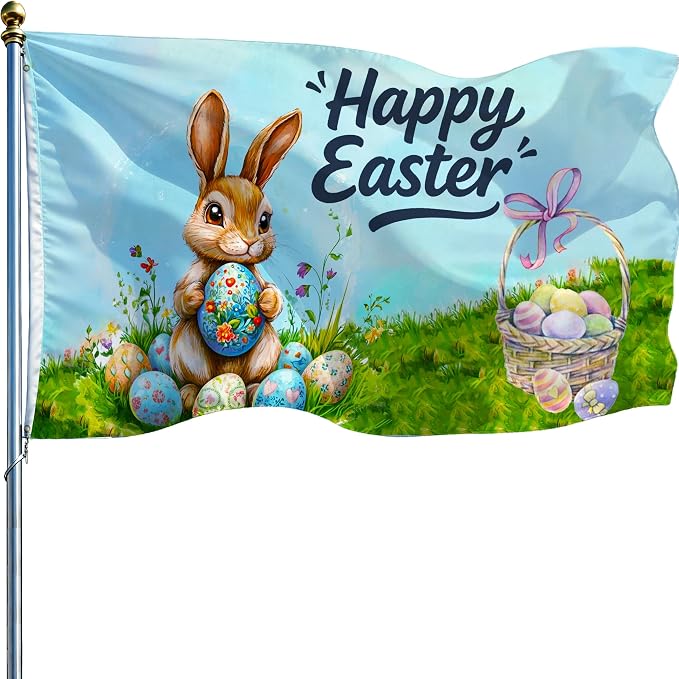 Easter Flag 3x5 Ft Double Sided Printed for Outside Polyester Happy Easter Banner Spring Garden Flag Rabbit Eggs Banner with 2 Grommets for Farmhouse Lawn Holiday Yard Indoor Outdoor Party Gifts