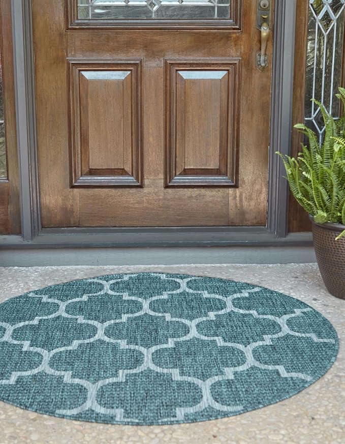 Unique Loom Outdoor Trellis Collection Area Rug (6' 1" Round Teal/Gray)
