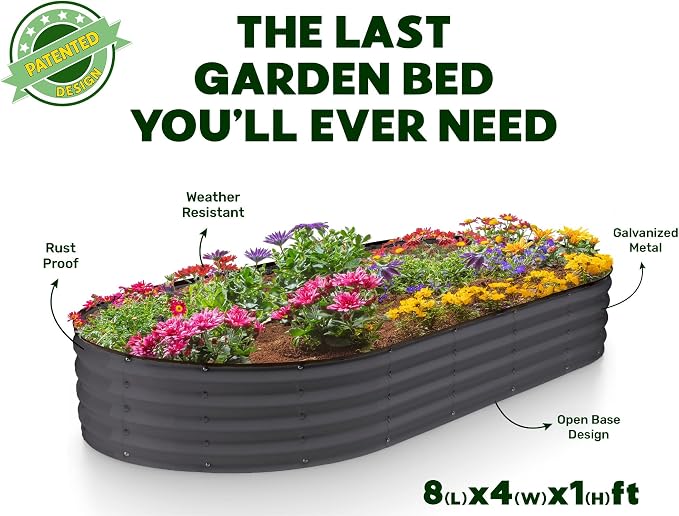 Plant & Plot Galvanized Raised Garden Beds Outdoor // 8×4×1 ft Planter Raised Beds for Gardening, Vegetables, Flowers // Large Metal Garden Box // Patented Tool-Free Design (Gray)