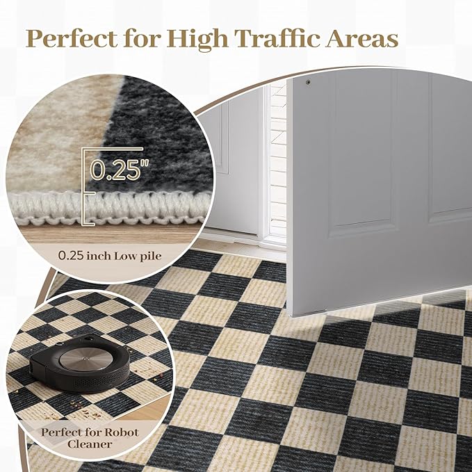 LIVEBOX 3x5 Washable Area Rug Checkered, Non-Slip Small Entryway Rug Black Farmhouse Neutral Classic Geometric Boys Rug for Bedroom Living Room Low-Pile Carpet for Indoor Kitchen Bathroom(Black 3'x5')
