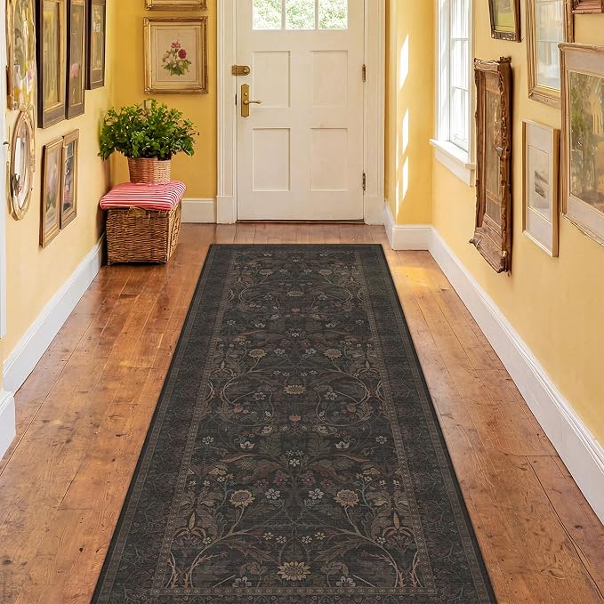 Washable Hallway Runner Rug 2'6"x8' - Floral Thin Entryway Rugs Indoor Non Slip, Traditional Botanical & Sunflower Kitchen Floor Mats (Brown and Black)