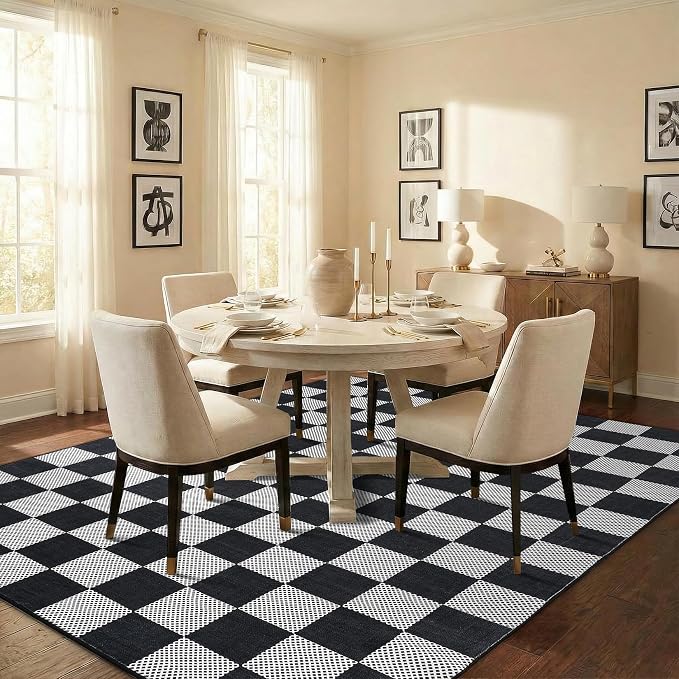 GarveeHome Checkered Black and White 6x9 Washable Rug Low-Pile for Bedroom | Non-Slip Black and White Soft Stain Resistant Rug for Bedroom Bathroom Living Room Geometric Modern Rug TPE Backing