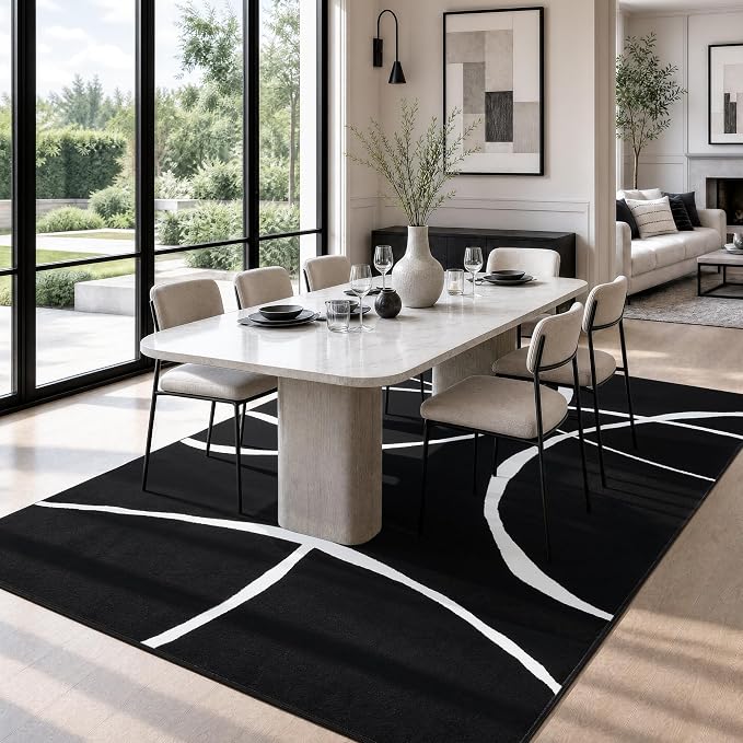 8x10 Washable Modern Abstract Black White Area Rug | Ultra-Thin Low Pile, Non-Slip TPE Backing, Soft Stain Resistant, Machine Washable, for Hallway Entryway Laundry High Traffic