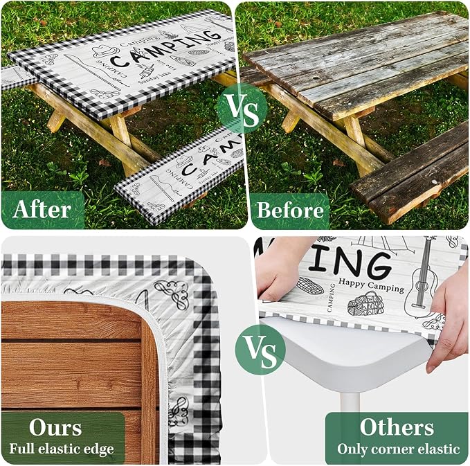 Picnic Table Cover with Bench Covers Elastic Edges, Farm Plaid Fitted Table Cover, Outdoor Patio Camping Essentials 72 Inch 3PCS, Waterproof Camping Fitted Tablecloth with Drawstring Bag