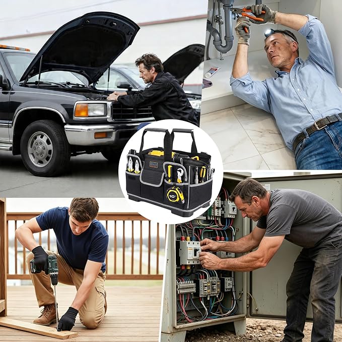 Tool Bag, Ounic 16 Inch BigTool Tote Bag Heavy Duty With Waterproof Molded Base, Wide Mouth Tool Box Organizer with Adjustable Shoulder Strap for Electrician Mechanic Craftsman Plumbers(Black)