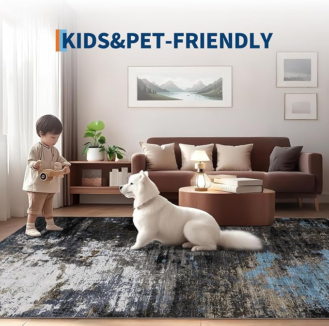 GarveeHome Large Area Rugs 10x13 Abstract Neutral Living Room Carpet, Non-Shedding Contemporary Floor Mat, Foldable Thin Rug, Machine Washable Indoor Carpet for Bedroom, Grey Brown