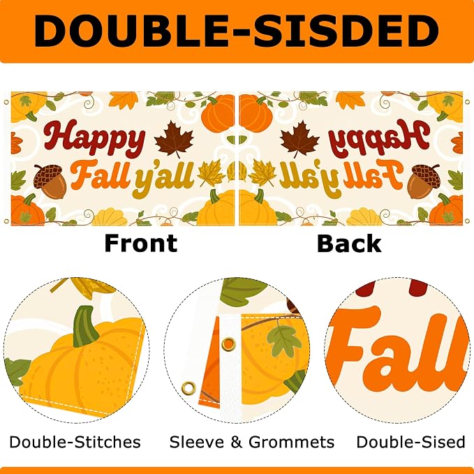 Fall Flag 3x5 Ft Thanksgiving Flag Happy Fall Y'all Banner Double Printed Harvest Pumpkins Maple Leaves Thanksgiving Party Supplies Backdrop Autumn Yard Sign Outdoor Indoor Holiday Decor